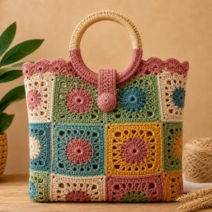 May include: A crochet tote bag constructed from multicolored granny squares in shades of dusty rose, sage green, mustard yellow, and cream. The bag features a scalloped top edge, a circular bamboo handle, and a central crochet button closure tab.