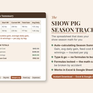 May include: A digital spreadsheet template titled The Show Pig Season Tracker. It features a Season Summary table with pig weight data in lbs, a Season Totals section, and navigation tabs. Text highlights auto-calculation features for Excel and Google Sheets.