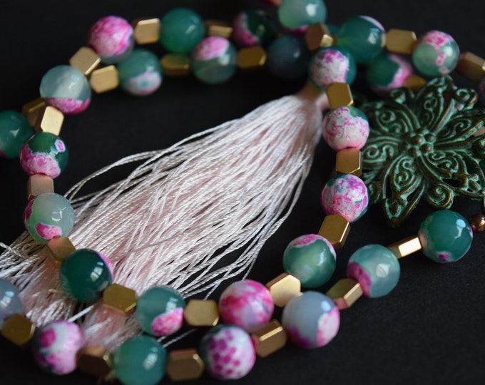Agate Necklace Cracked Agate Pink Necklace Copper Necklace Tassel Necklace Rose Gold Necklace Green Necklace Pink Tassel