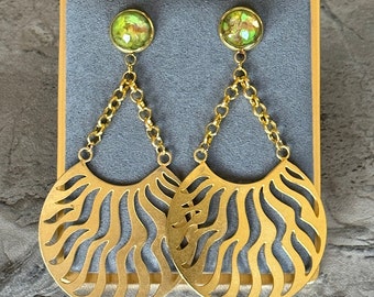 Green Turquoise, Brass Earrings, Clear Quartz, Quartz Doublet, Green Earrings, Turquoise Earring, Gold Earring, Pressed Brass, Chain Earring