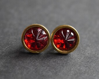 Red Studs, Red Earrings, Red Stud Earrings, Vintage Earrings, Glass Earring, Vintage Studs, Ruby Red, Etched Glass, Handmade Vintage