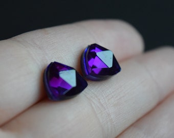 Purple Earrings, Triangle Earrings, Purple Triangle, Vintage Earrings, Glass Cabochon, Handmade Vintage, Faceted Earrings, Faceted Studs