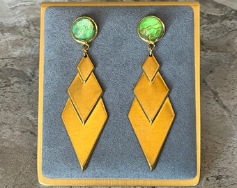 Art Deco Earrings, Green Turquoise, Brass Earrings, Diamond Earrings, Quartz Doublet, Green Earrings, Turquoise Earring, Raw Brass, Art Deco