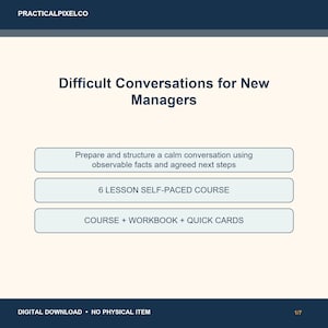 Può includere: Un download digitale intitolato Difficult Conversations for New Managers di PRACTICALPIXELCO. La grafica presenta tre pulsanti rettangolari azzurri con il testo: Prepare and structure a calm conversation, 6 LESSON SELF-PACED COURSE e COURSE + WORKBOOK + QUICK CARDS.