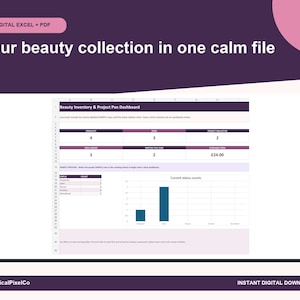 Peut inclure: Un tableau de bord numérique Excel et PDF pour l'inventaire beauté et le projet pan. L'interface présente un en-tête violet foncé avec le texte "Your beauty collection in one calm file" et affiche des tableaux de données et un graphique.