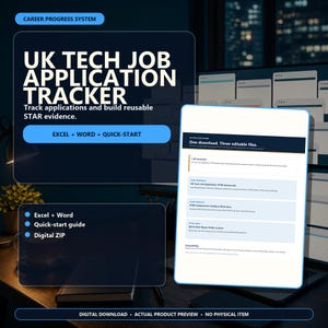 Può includere: Un sistema digitale di tracciamento delle candidature per lavori tecnologici nel Regno Unito con modelli Excel e Word per monitorare le domande e creare prove STAR. Include una guida rapida in formato download ZIP.