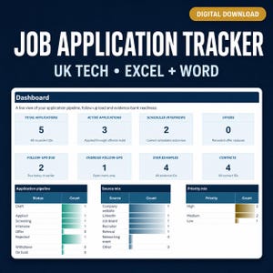 May include: A digital job application tracker dashboard for Excel and Word. The interface displays metrics for total applications, active applications, interviews, offers, follow-ups, and contacts, alongside charts for application pipeline, source mix, and priority.