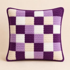 Checker Crochet Pillow Pattern PDF, Purple Patchwork Cushion Cover