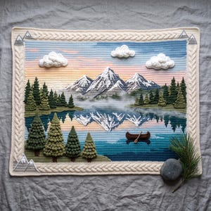 May include: A rectangular crochet wall hanging featuring a landscape scene with snow-capped mountains, a dark blue lake, a brown canoe, and green pine trees. The sky transitions from orange to blue with white clouds and a braided cream border.