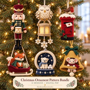 May include: A collection of six crocheted Christmas ornaments featuring a nutcracker, an owl with a lantern, a red post box with a robin, a fox in a sleigh, a polar bear in a snow globe, and a mouse in a bell. Text reads Christmas Ornament Pattern Bundle.