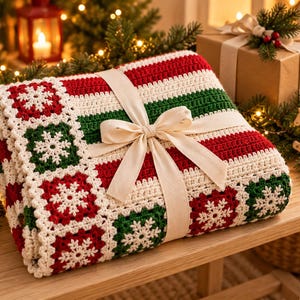 Christmas Crochet Blanket Pattern PDF, Snowflake Granny Square Striped Holiday Throw