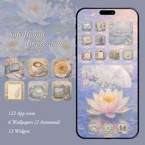 May include: A digital phone theme kit titled Soft Bloom Impressionist, featuring a smartphone display with custom app icons, widgets, and wallpapers. The design showcases soft pastel floral and water lily motifs, including icons for mail, maps, coffee, and travel.