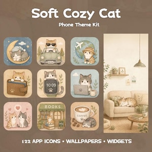Puede incluir: Un kit de tema para teléfono titulado Soft Cozy Cat que incluye 122 iconos de aplicaciones, fondos de pantalla y widgets. Los iconos muestran gatos ilustrados en varias escenas, como durmiendo en una luna, conduciendo o usando un portátil.