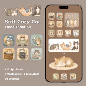 May include: A digital phone theme kit titled Soft Cozy Cat featuring various app icons, widgets, and wallpapers with illustrations of cats in soft brown tones. The display shows a smartphone screen with organized cat-themed icons and widgets.