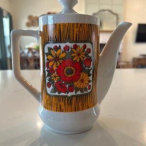 Vintage 1970s Porcelain Coffee/Tea Pot, Orange Woodgrain Faux Bois with Red & Yellow Floral Panel, Retro MCM Teapot with Lid