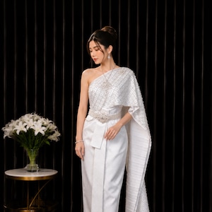 Thai Wedding Dress, Pearl Beaded Chakri Chut Thai Bridal Set in Ivory Silk Blend