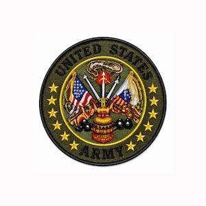May include: A circular embroidered patch featuring the United States Army emblem. The design includes a central gold breastplate, two crossed flags, a snake, and arrows, surrounded by a green border with the text UNITED STATES ARMY and stars.