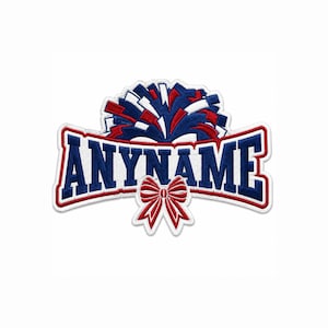 May include: An embroidered patch featuring a red, white, and blue pom-pom graphic above the text ANYNAME in bold blue letters with a red outline. A red bow is positioned below the text, all set against a white background with a white border.