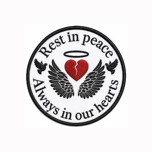Rest in Peace Memorial Embroidered Patch, Angel Wings Broken Heart Remembrance Patch