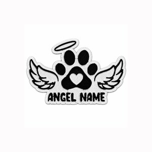 May include: A black and white embroidered patch featuring a central paw print with a heart-shaped pad, flanked by two feathered wings. Above the paw is a halo, and below the design, the text ANGEL NAME is stitched in bold black letters.