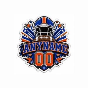 May include: A football-themed embroidered patch featuring a blue and orange helmet above a brown football. The design includes the text ANYNAME in blue letters on an orange banner, with the number 00 in orange below, surrounded by blue stars.