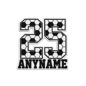 May include: A fabric patch featuring the number 25 filled with a black and white soccer ball pattern. Below the number, the word ANYNAME is embroidered in bold black capital letters. The entire design has a white border and black outline.