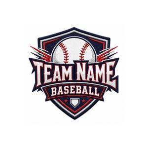 Puede incluir: Un parche bordado que presenta un escudo azul marino con detalles en rojo, una pelota de béisbol blanca con costuras rojas y el texto en blanco TEAM NAME BASEBALL. El diseño incluye alas rojas estilizadas y un icono de home plate.