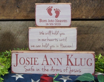 Baby Memorial Block Set Name Date Born into Heaven Footprints Safe in the Arms of Jesus We Will Hold You in Our Hearts Until We Can Hold..