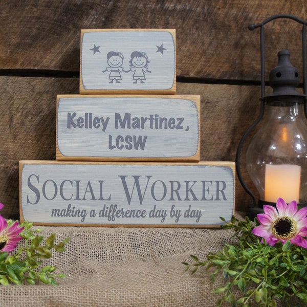 Social Worker Gift Making Difference Day by Day 3 Pc Wood Block Set Personalized free Several Colors Fast Ship Therapist Nurse Teacher