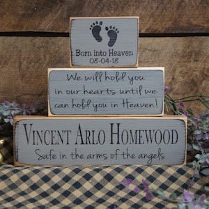 Baby Memorial Set Personalized Born into Heaven footprints Safe in the Arms of the Angels We will hold you in Our Hearts until we can hold