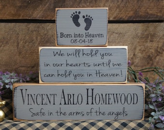 Baby Memorial Set Personalized Born into Heaven footprints Safe in the Arms of the Angels We will hold you in Our Hearts until we can hold