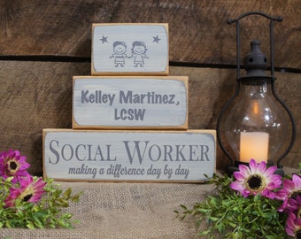 Social Worker Gift Making Difference Day by Day 3 Pc Wood Block Set Personalized free Several Colors Fast Ship Therapist Nurse Teacher
