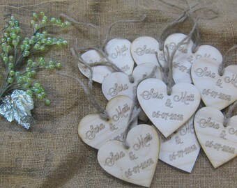 50 Wood Heart Wedding Tags Personalized with Names & Date. These rustic tags add an awesome touch for your special day.