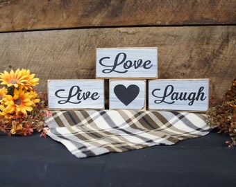 Live Love Laugh with Star or Heart 4 piece solid wood block set rustic antiqued  & distressed Very Popular set, stack the way you want