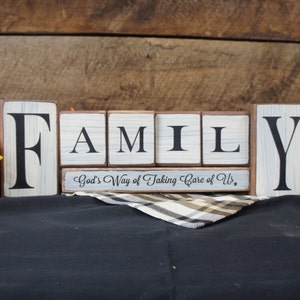 RUSTIC Wood Block Set 7pc FAMILY God's Way of Taking Care of Us. This makes a great gift to last all year long. We can change any words free