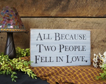 All Because Two People Fell in Love- Sign with small heart at the bottom. Weddings Anniversaries or Home Decor group with family pictures