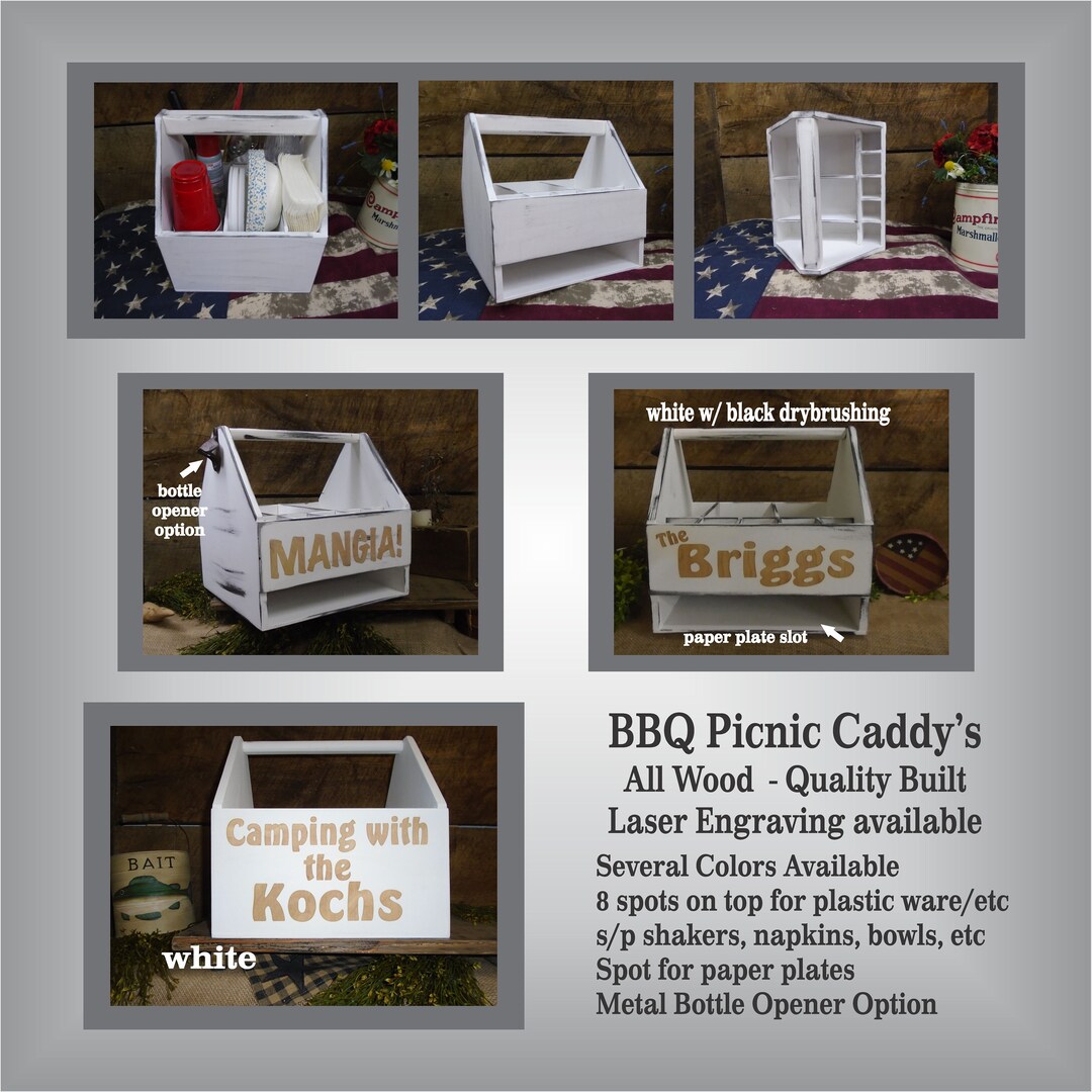 Picnic Caddy Wood Camping Carrier Utensil Holders Napkin Paper Plate