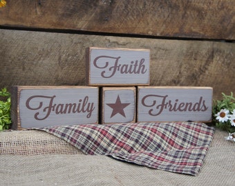 Family Faith Friends Freedom with Star 5 peice solid wood block set rustic antiqued and distressed, stack the way you want, great gift