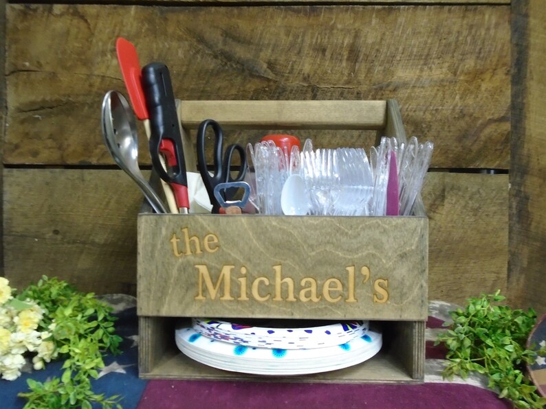 Picnic Caddy Wood Camping Carrier Utensil Holders Napkin Etsy