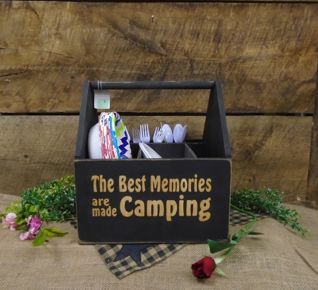 Custom Picnic Caddy Wood Camping Carrier Utensil Holders Etsy