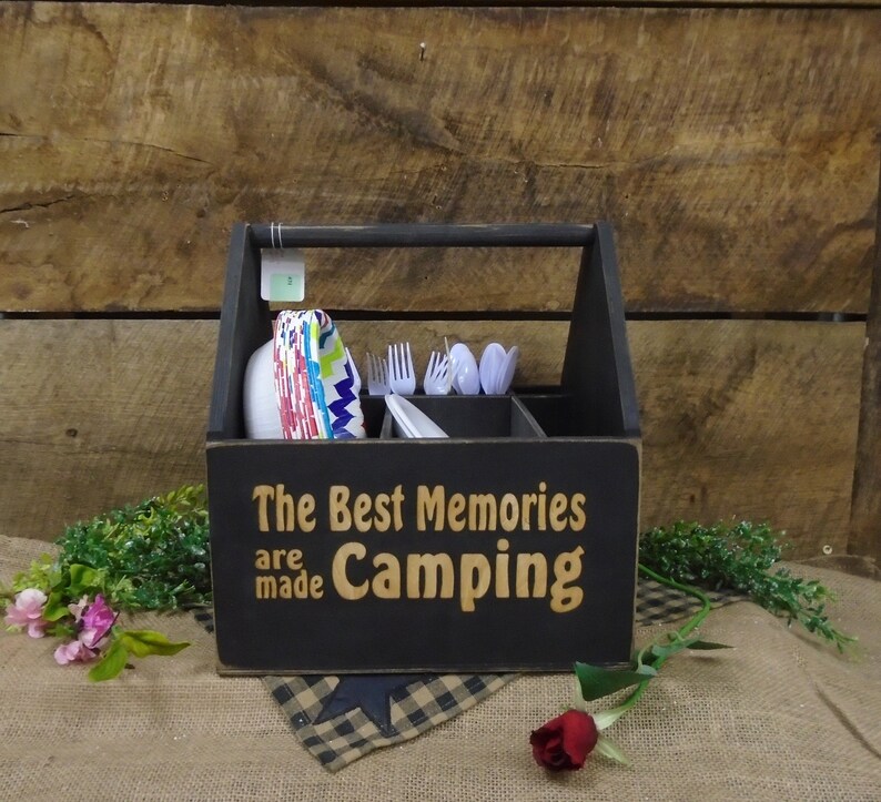 Custom Picnic Caddy Wood Camping Carrier Utensil Holders Etsy