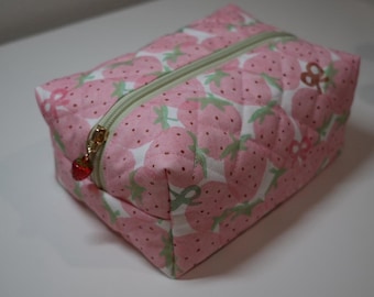 Handmade Strawberry Makeup Bag, Quilted Canvas Cosmetic Pouch