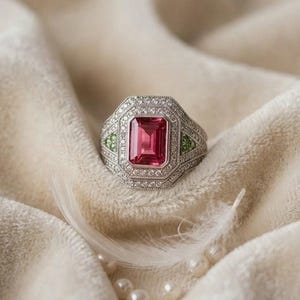 Natural Ruby Statement Ring, Emerald Cut Red Gemstone, Natural Diamond Halo, Round Emerald Side Accents, Sterling Silver Cocktail Jewelry,