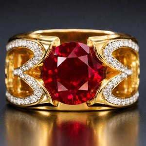 May include: A gold ring featuring a large, round, faceted red gemstone at the center. The band is crafted from polished yellow gold and is accented with small, clear, pavé-set white stones arranged in a decorative, open-work pattern on both sides.