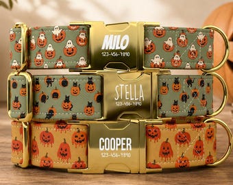 May include: Three pet collars with gold-tone metal buckles engraved with names and phone numbers. The top collar features ghosts and pumpkins on green, the middle has black cats and pumpkins on green, and the bottom has orange pumpkins on yellow.