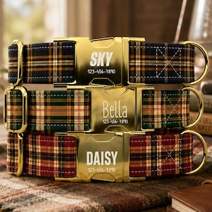 Heritage Plaid Dog Collar with Leash: Personalized metal buckle, made in the USA, TPKC-2