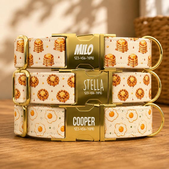 Waffles, Pancakes, and Eggs Dog Collar with Leash: Personalized metal buckle, made in the USA, TPKC-15