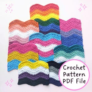 May include: A collection of colorful, handmade crochet pieces in various pride flag patterns. The pieces are arranged in a layered composition, showcasing a variety of colors including rainbow, pink, blue, and yellow. The image includes the text "Crochet Pattern PDF File".