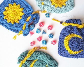 Celestial Drawstring Pouch: Handmade Crochet Sun & Moon Customizable Bag