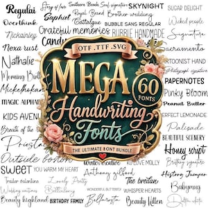Könnte beinhalten: Eine digitale Grafik mit dem Text MEGA Handwriting Fonts und 60 FONTS in einem zentralen, verzierten dunkelgrünen und goldenen Rahmen, der mit rosa Rosen verziert ist. Der Hintergrund ist mit verschiedenen handschriftlichen Schriftarten gefüllt.